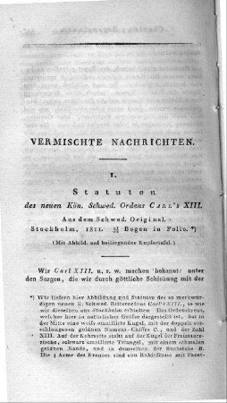Statuten des neuen Kön. Schwed. Ordens Carl's XIII : Aus dem Schwed. Original. - Stockholm, 1811