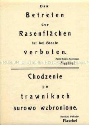 Maueranschlag mit einem Verbot des Betretens der Rasenflächen (deutsch und polnisch)