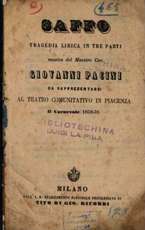 Saffo : Tragedia Lirica In Tre Parti ... Da Rappresentarsi Al Teatro Comunitativo In Piacenza Il Carnevale 1858-59