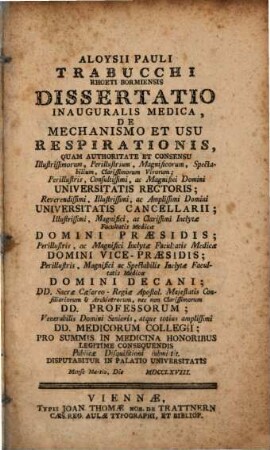 Aloysii Pauli Trabucchi ... Dissertatio de mechanismo et usu respirationis