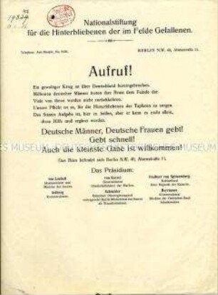 Spendenaufruf der Nationalstiftung für die Hinterbliebenen der im Kriege Gefallenen