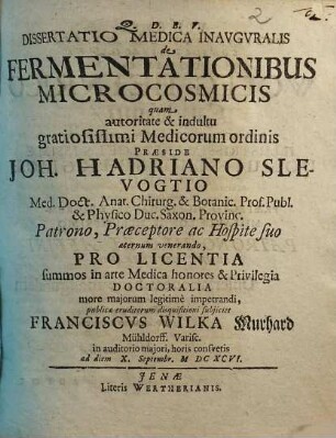 Dissertatio medica inauguralis de fermentationibus microcosmicis