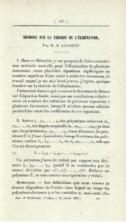 Mémoire sur la théorie de l´élimination.