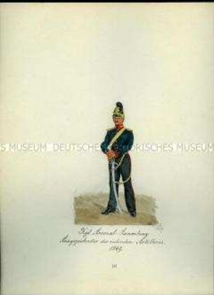 Uniformdarstellung, Soldat der Reitenden Artillerie, 1849. Aus: Sammelmappe "Sachsens Militär", Königliche Arsenalsammlung.