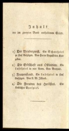 Inhalt der im zweyten Band enthaltenen Stücke.
