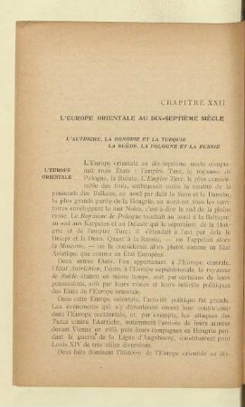 Chapitre XXII L'Europe orientale au dix-septième siècle L'Autriche, la Hongrie et la Turquie la Suède, la Pologne et la Russie