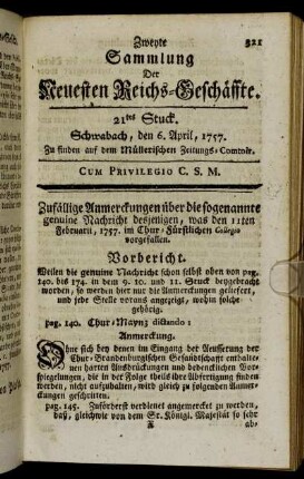 21tes Stuck. Schwabach, den 6. April, 1757.