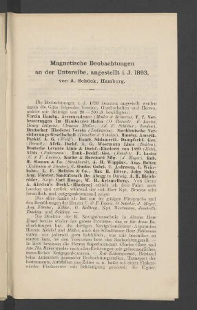 Magnetische Beobachtungen an der Unterelbe, angestellt i. J. 1893, von A. Schück, Hamburg.