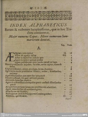 Index Alphabeticus Rerum & verborum locupletissimus, quae in hoc Tractatu continentur
