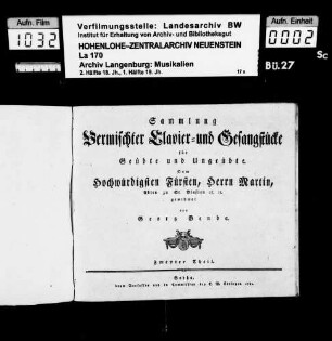 Georg Benda: Sammlung / vermischter Clavier- und Gesangsstücke / für / Geübte und Ungeübte / Dem / Hochwürdigsten Fürsten, Herrn Martin / Abten zu St. Blasien ... / gewidmet / von / Georg Benda / Zweyter Theil Gotha, C.W. Ettinger.