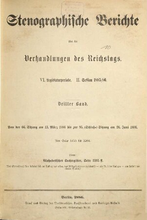 Verhandlungen des Reichstages. Stenographische Berichte. 88. 1885/86