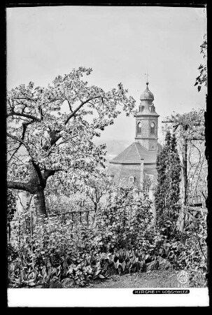 Dresden-Loschwitz, Blick zur Kirche mit blühendem Kirschbaum