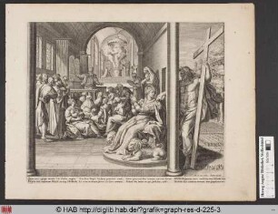 Christus berührt die Personifikation der Kirche als Braut, deren Stuhl von zwei Löwen flankiert wird.
