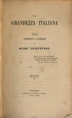La grandezza italiana, studi, confronti e desiderii di Cristoforo Negri