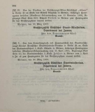 57. Ministerial-Bekanntmachung, betreffend Wechsel in der Hauptagentur der Versicherungs-Aktien-Gesellschaft "Allianz" in Berlin
