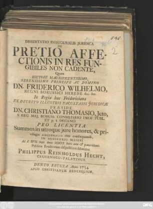 Dissertatio Inauguralis Juridica De Pretio Affectionis In Res Fungibiles Non Cadente