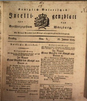 Königlich-baierisches Intelligenzblatt für das Großherzogthum Würzburg. 1815, 3. Jan. - 3. Juni