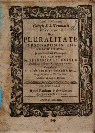 Collegii S.S. Trinitatis Disputatio .... 3, De Pluralitate Personarum In Una Deitatis Essentia