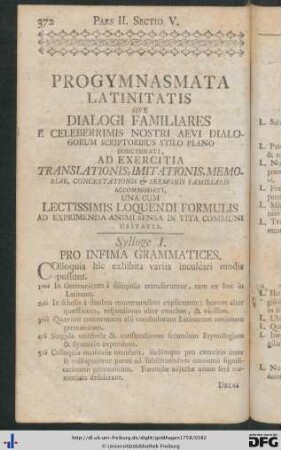 Sectio V. Progymnasmata Latinitatis sive Dialogi Familiares.