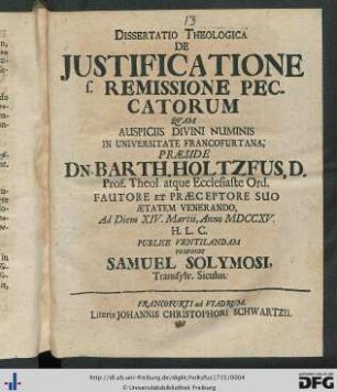 Dissertatio Theologica De Justificatione s. Remissione Peccatorum