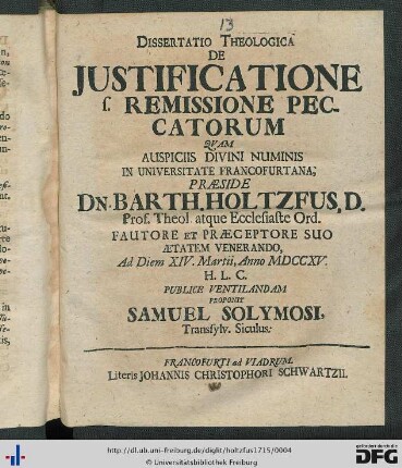 Dissertatio Theologica De Justificatione s. Remissione Peccatorum