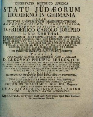 Dissertatio Historico Juridica De Statu Judæorum Hodierno In Germania