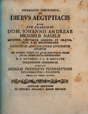Dissertatio Philologica De Diebvs Aegyptiacis
