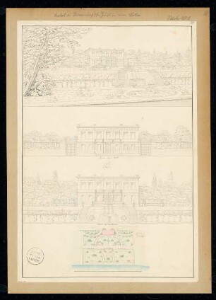 Umbau des Stimmingschen Hauses in eine Villa Monatskonkurrenz Oktober 1828: Lageplan, Aufriss Straßenansicht, Seeansicht, perspektivische Seeansicht; Maßstabsleiste