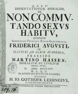 Dissertationem moralem de non commutando sexus habitu