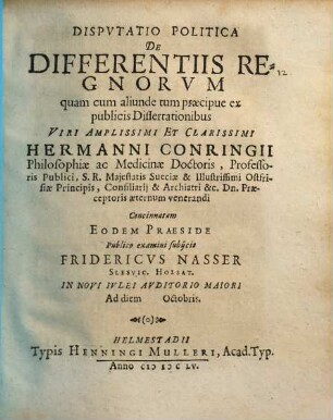 Dispvtatio Politica De Differentiis Regnorvm