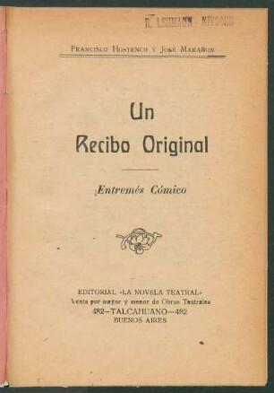 1918001200: Un recibo original : entremés cómico
