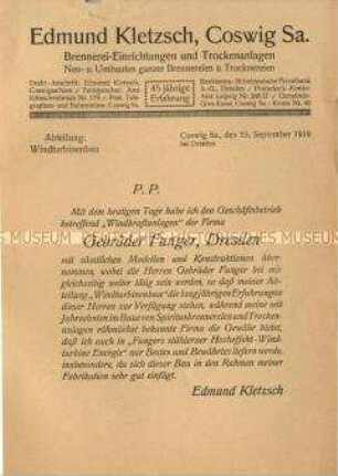 Schreiben hinsichtlich der Bekanntgabe der Firmenübernahme