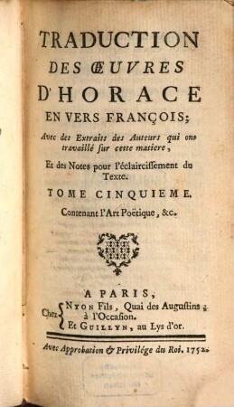 Traduction des oeuvres D'Horace. Tom. 5 (1752)