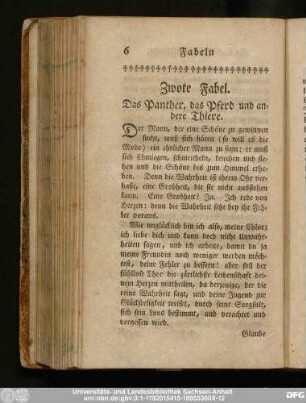 Zwote Fabel. Das Panther, das Pferd und andere Thiere.