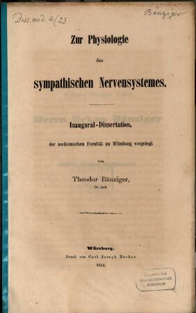 Zur Physiologie des sympathischen Nervensystemes : Inaugural-Dissertation