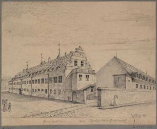 Dresden, der Jägerhof in der Neustadt von Südwesten, im Hintergrund die Ritterakademie (Kadettenanstalt)