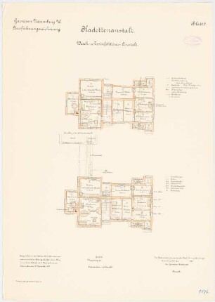 Kadettenanstalt der Garnison, Naumburg/Saale: Wasch- und Desinfektionsanstalt: Grundriss Erdgeschoss mit Installationen (zweimal) 1:100