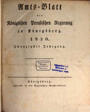 Amtsblatt der Preussischen Regierung zu Königsberg. 20. 1830