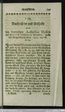 XII. Nachrichten und Urtheile von den Lateinischen Auctoribus Classicis und ihren noch vorhandenen Schriften