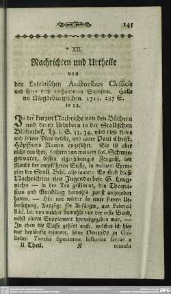 XII. Nachrichten und Urtheile von den Lateinischen Auctoribus Classicis und ihren noch vorhandenen Schriften