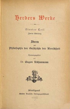 Herders Werke, 4. Ideen zur Philosophie der Geschichte der Menschheit