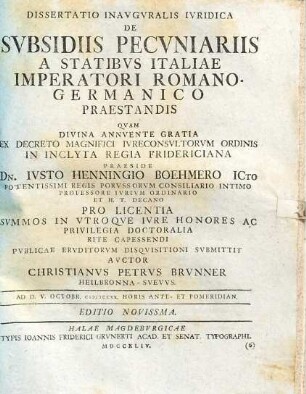 Dissertatio Inavgvralis Ivridica De Svbsidiis Pecvniariis A Statibvs Italiae Imperatori Romano-Germanico Praestandis