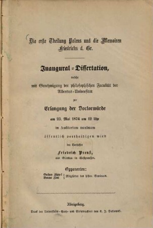 Die erste Theilung Polens und die Memoiren Friedrichs d. Gr. : Inaugural-Dissertation und Königsberg von Friedrich Preuss. Separatabdruck, Bogen 9 - 15