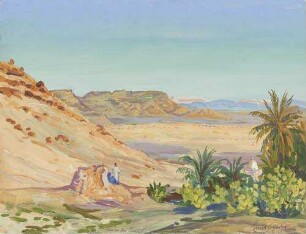 Oase bei Bou Saadah. Tafelberge und Dünen. Kalkofen. Grab eines Marabu
