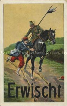Deutscher Kavalleriesoldat packt französischen Soldaten