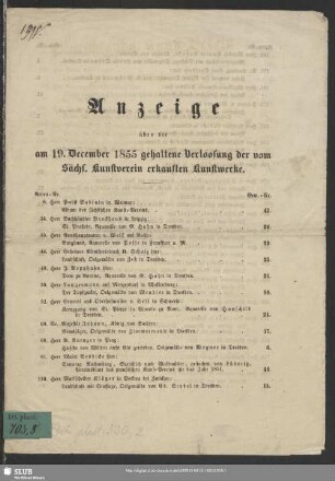 1855: Anzeige über die am ... vom Sächsischen Kunstverein gehaltene Verlosung von Kunstwerken