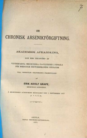 Om chronisk arsenikförgiftning : Akad. Afhandl. af Upsala