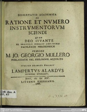 Dissertatio Academica De Ratione Et Nvmero Instrvmentorvm Sciendi