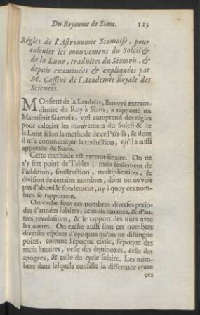Régles de l'astronomie Siamoise, pour calculer les mouvemens du soleil & de la lune, ...