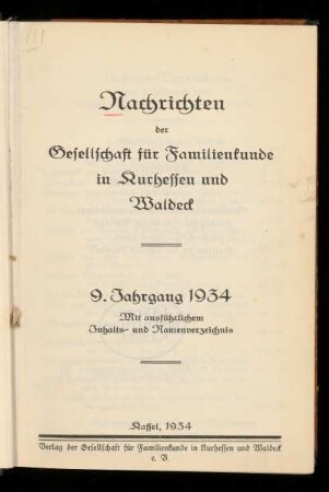 Nachrichten der Gesellschaft für Familienkunde in Kurhessen und Waldeck, 9. Jahrgang, 1934